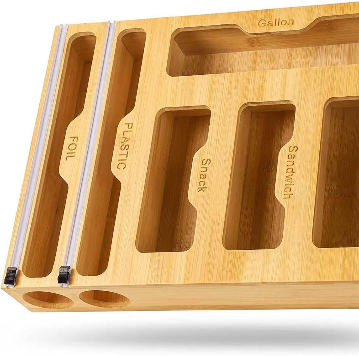 CARLA HOME 6-in-1 Bamboo Kitchen Drawer Organizer with Ziplock Bag Storage