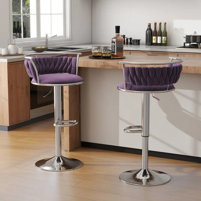 SERENITà Silver Swivel Upholstered Velvet Adjustable Height Counter Stool with Metal Frame Voilet (Set of 2)