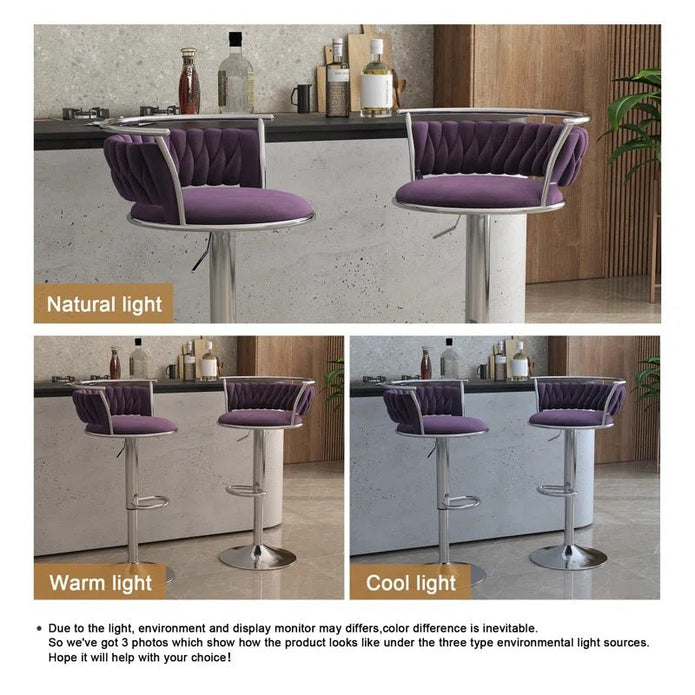 SERENITà Silver Swivel Upholstered Velvet Adjustable Height Counter Stool with Metal Frame Voilet (Set of 2)