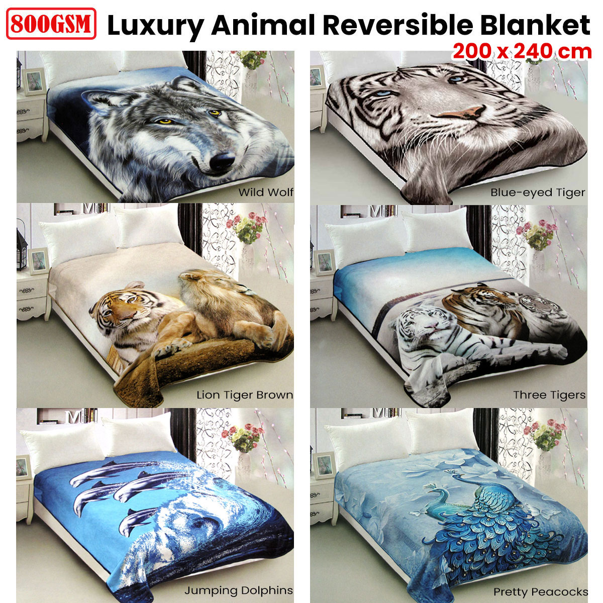 800GSM Luxury Reversible Animal Pattern Mink Blanket Queen 200 x 240 cm Prowling Leopard