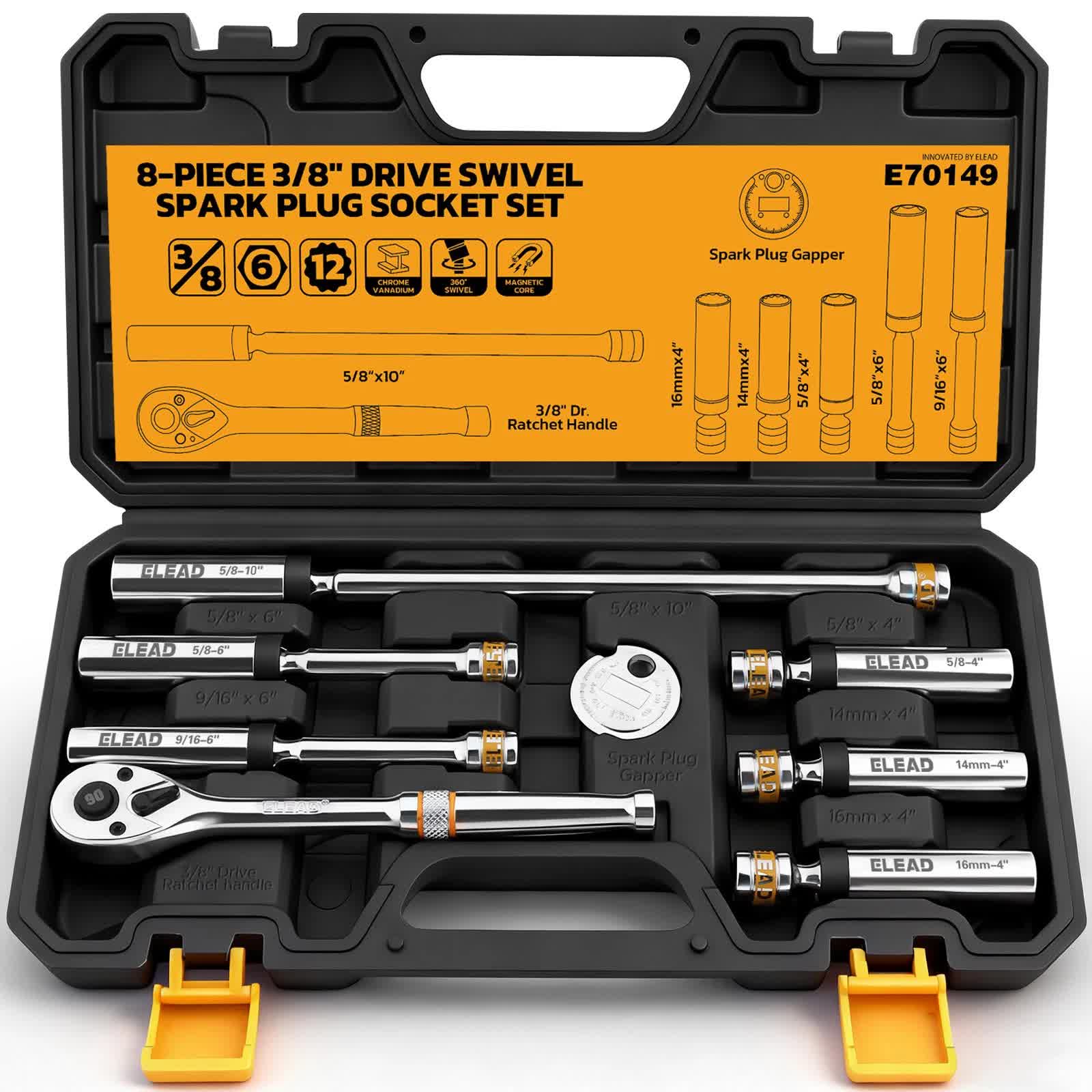 8-Piece 3/8" Drive Magnetic Swivel Spark Plug Socket Set Spark Plug Removal Tool