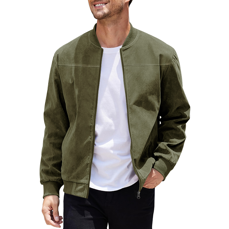 Men's Varsity Bomber Flight Jacket Breathable Windbreaker Zip Coat Faux Leather, Green, S