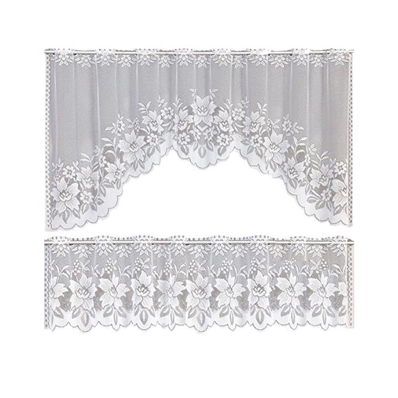 2Pcs/Set White Lace Kitchen Home Window Cafe Curtain W Scallope Edge 160cm Wide