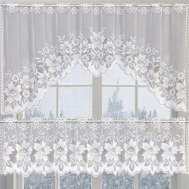 2Pcs/Set White Lace Kitchen Home Window Cafe Curtain W Scallope Edge 160cm Wide
