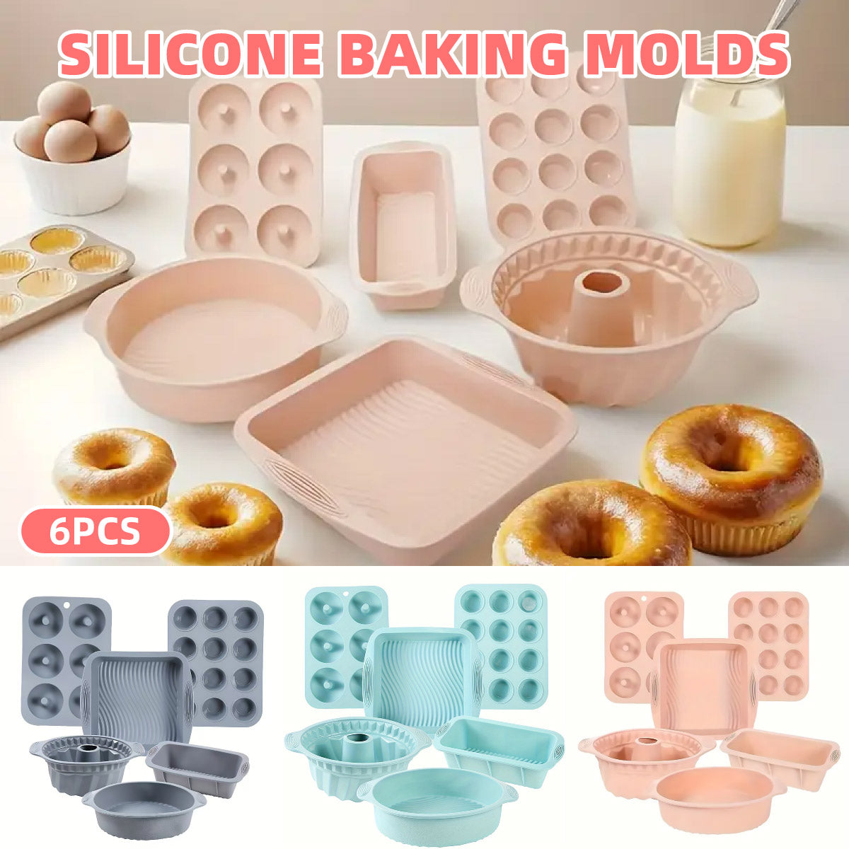 6PCS Silicone Cake Mould Set Baking Pans Nonstick Cupcake Cookie Tools Reusable – Pink