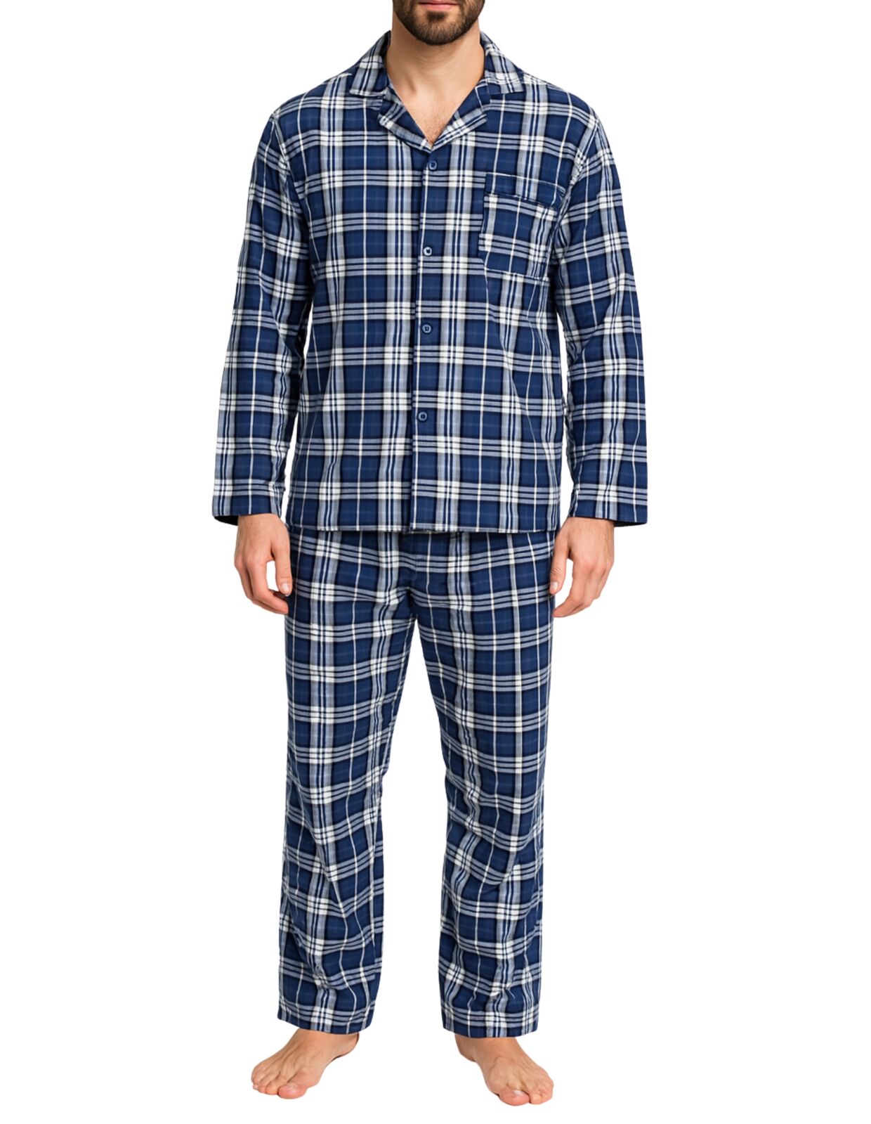 Mens Flannelette Pyjama Set Sleepwear Soft 100% Cotton PJs - Blue Check - 3XL