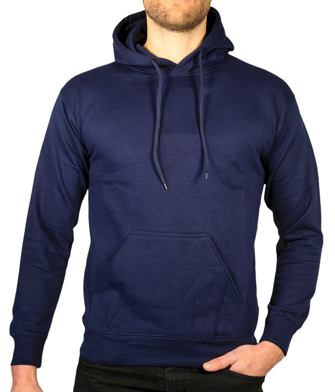 Mens Hoodie 100% Cotton Fleece Pullover Sweatshirt Warm Jumper - Navy - L