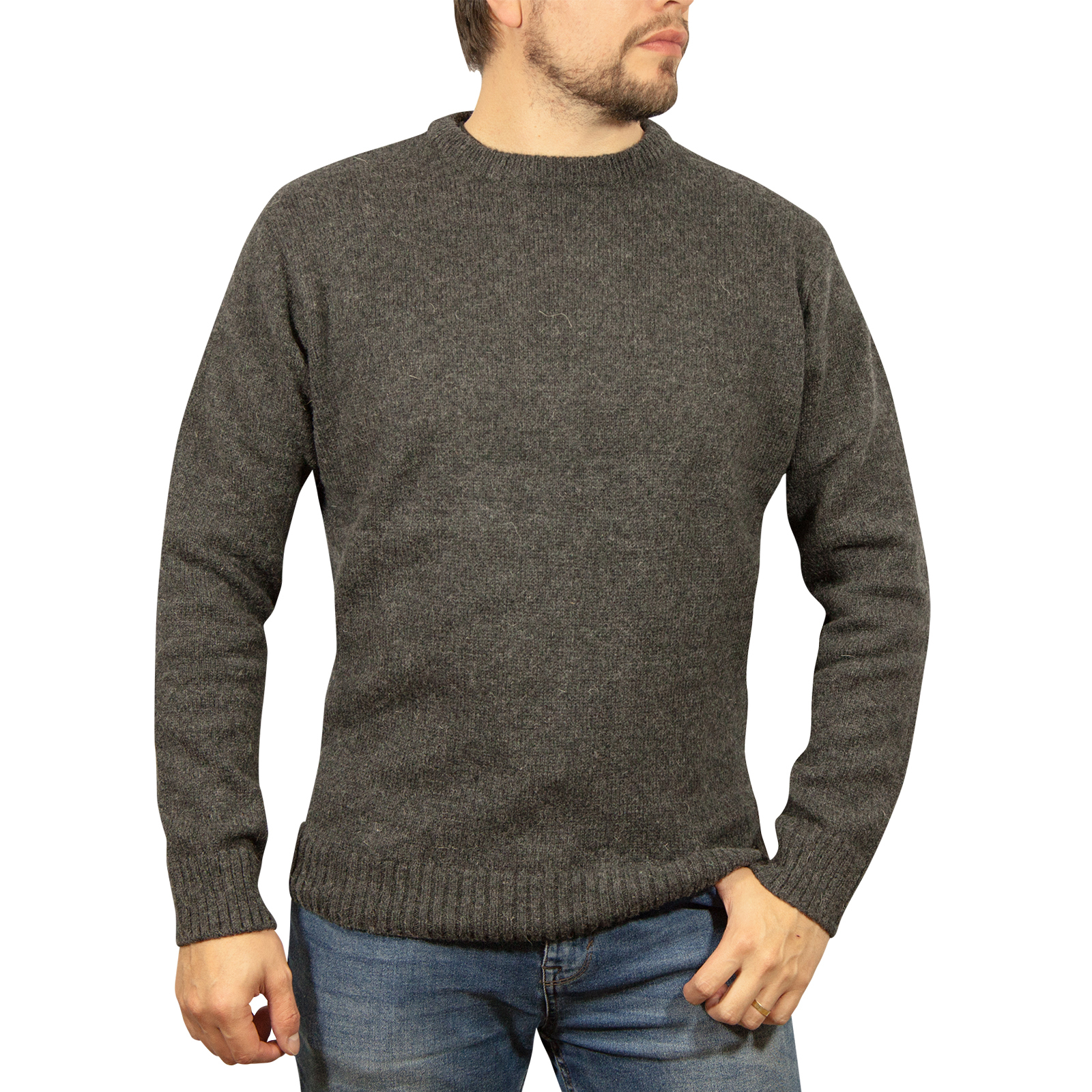 Mens 100% Shetland Ragg Wool Round Neck Knit Jumper Pullover Crew Sweater - Charcoal (29) - 4XL