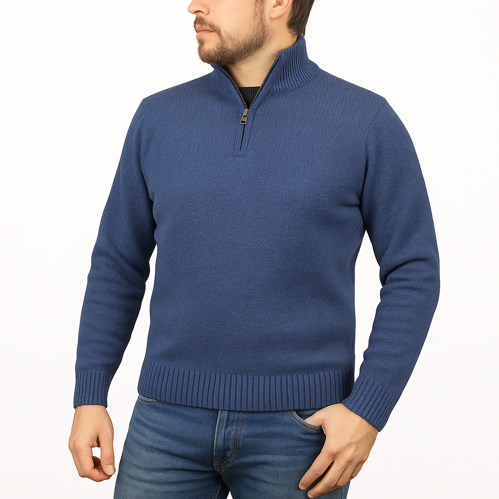 100% SHETLAND RAGG WOOL Half Zip Up Knit JUMPER Pullover Mens Sweater Knitted in Sky - M