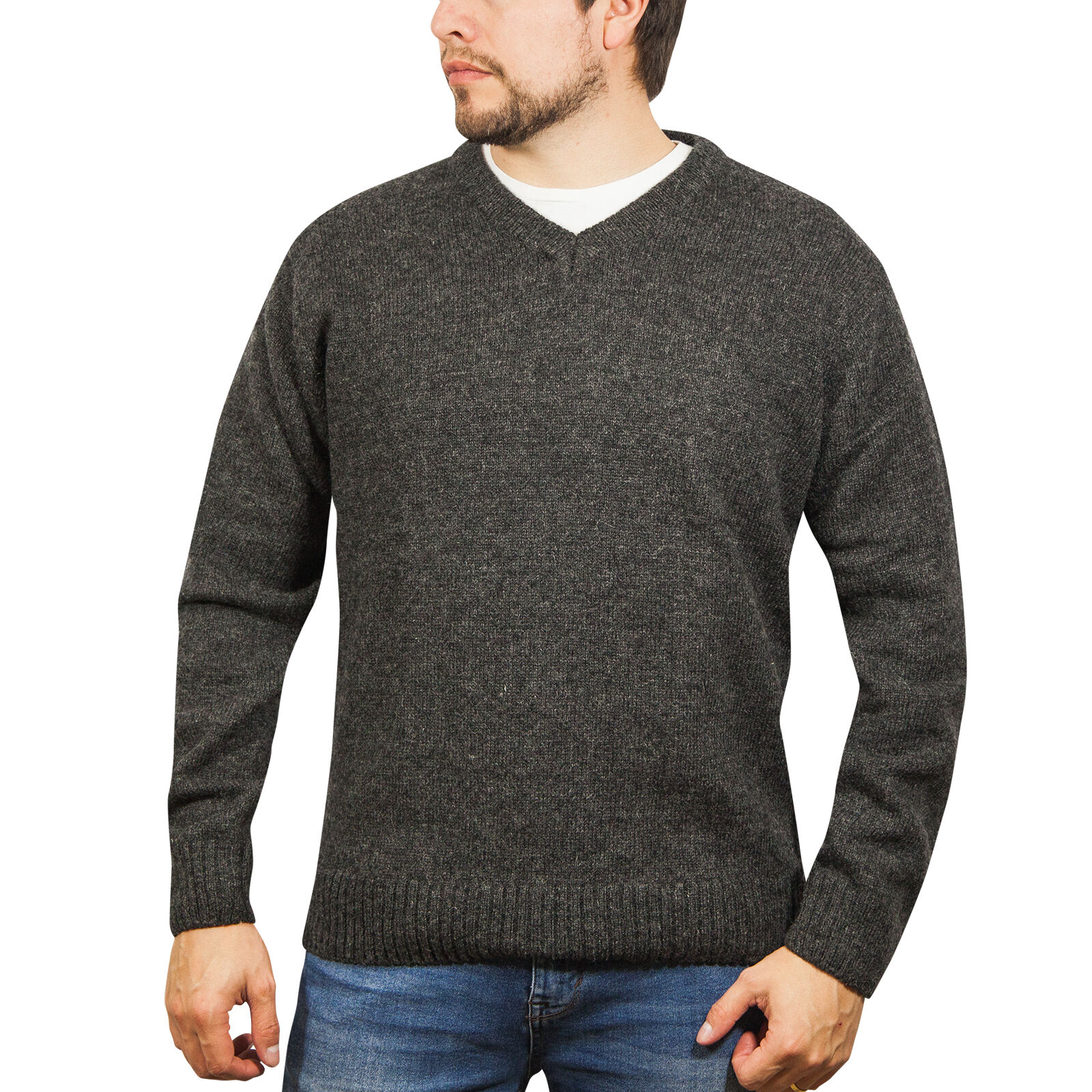 100% Shetland Ragg Wool V Neck Knit Jumper Pullover Mens Sweater Knitted - Charcoal - M