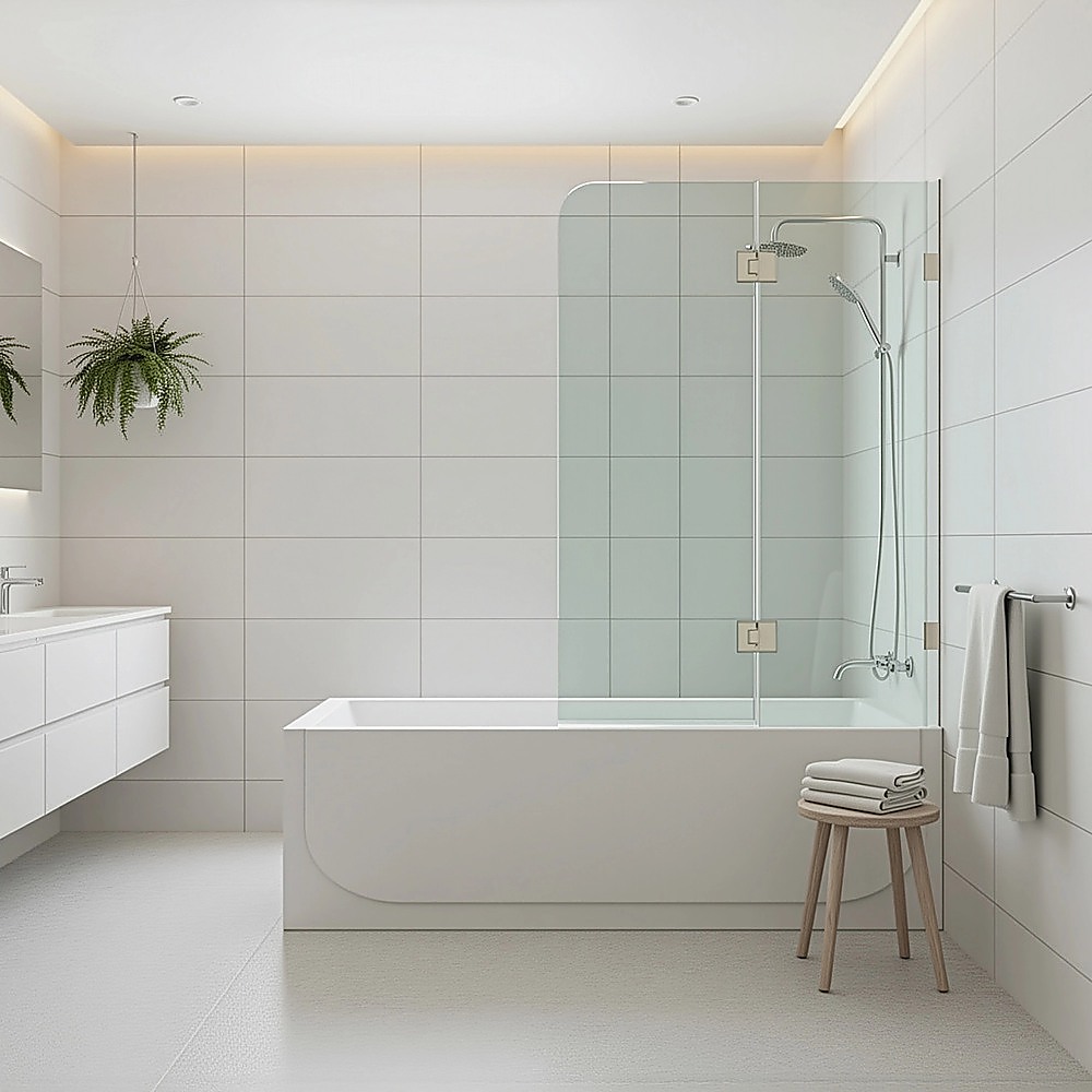 120cm Frameless Glass Bath Screen – Stainless Steel F-Brackets in Gold