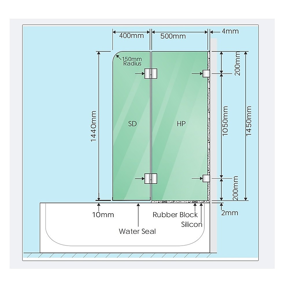 90cm Frameless Glass Bath Screen – Stainless Steel Wall F-Brackets in White