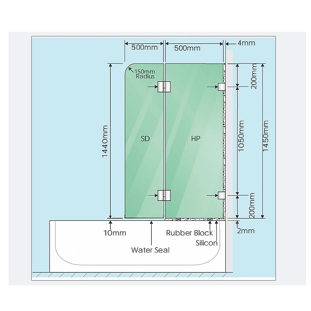 100cm Frameless Glass Bath Screen – Stainless Steel Wall F-Brackets in White