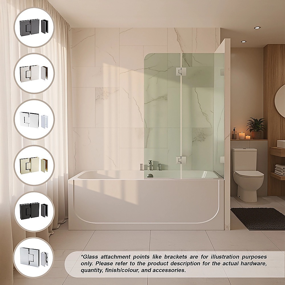100cm Frameless Glass Bath Screen – Stainless Steel Wall F-Brackets in White