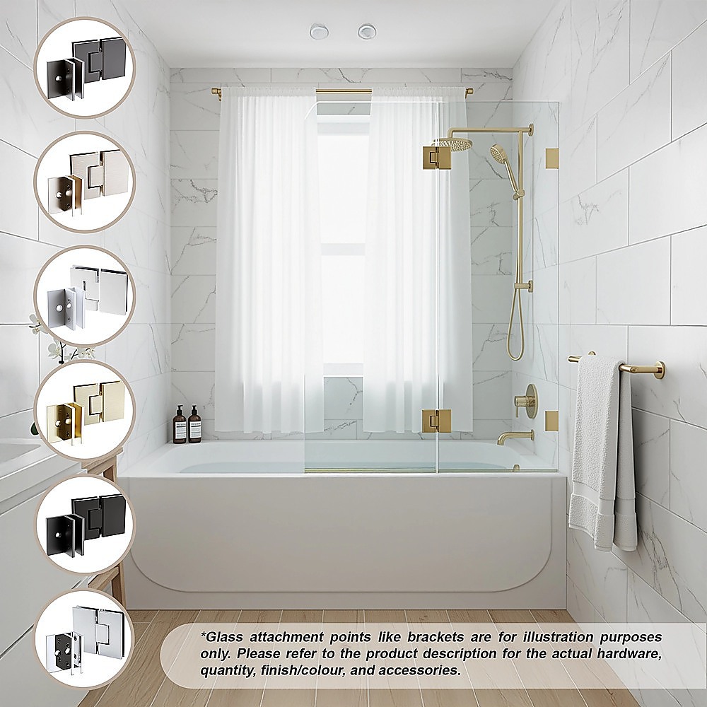 90cm Frameless Glass Bath Screen – Brass Wall F-Brackets in Gold for Stylish Bathroom Upgrade