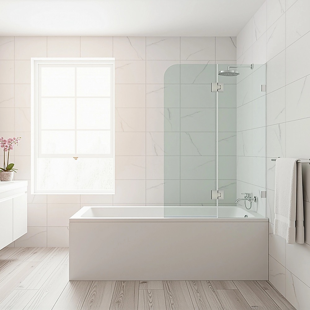 120cm Frameless Glass Bath Screen – Brass F-Brackets in White for Stylish Bathroom Upgrade