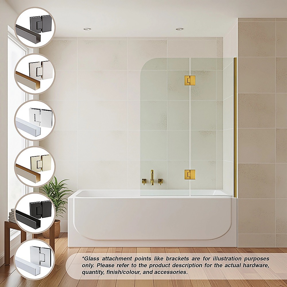 100cm Frameless Glass Bath Screen – Wall Channel with Brass Hinges in Gold Finish