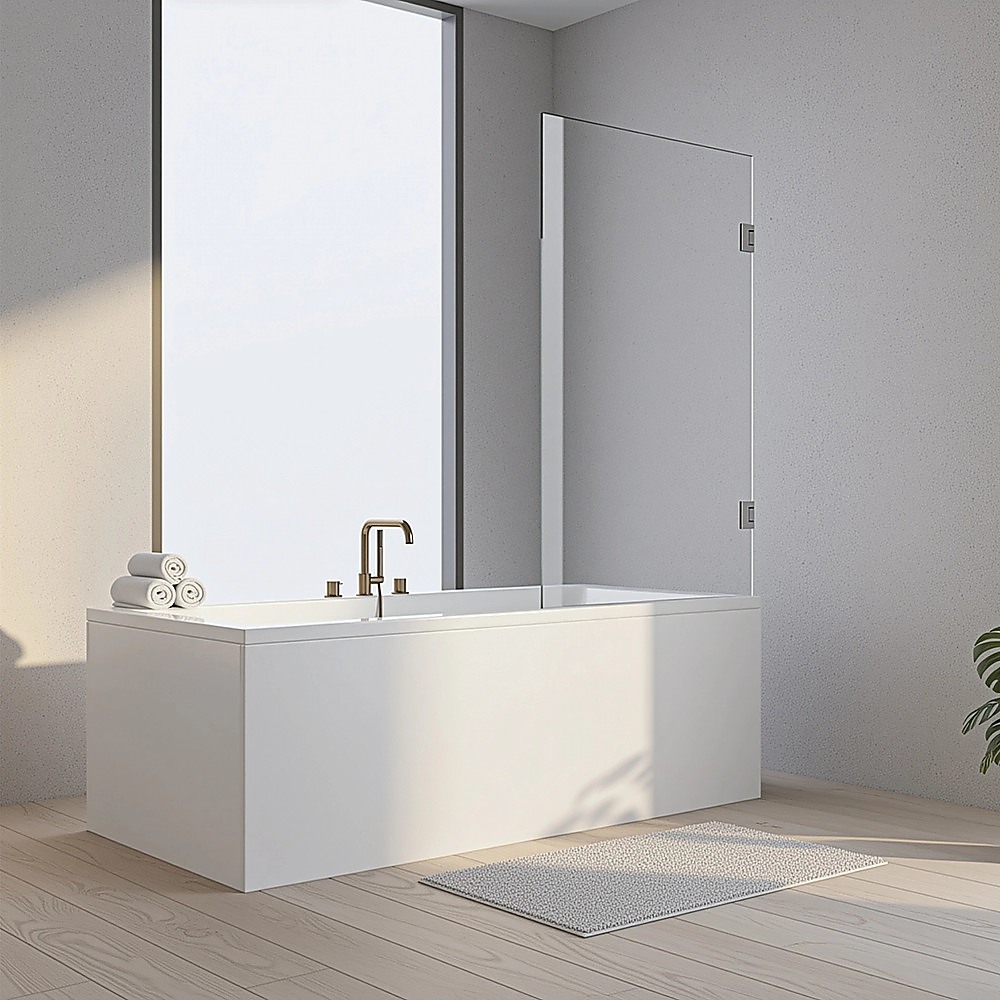 90cm Frameless Swing Bath Screen – Nickel Hardware with Brass hinge for Modern Bathrooms