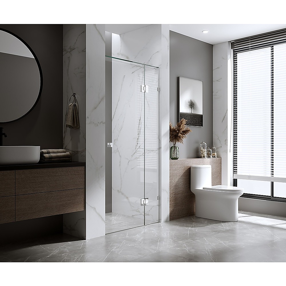 100cm Frameless Wall-to-Wall Shower Screen with Gold U-Brackets and Floor U-Bracket, Brass Hinges & Round Knob Handle