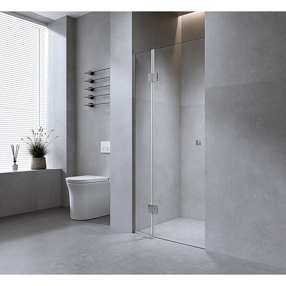 120cm Wall-to-Wall Frameless Shower Screen – Gunmetal Wall Channel with Brass Hinges & Round Knob Handle