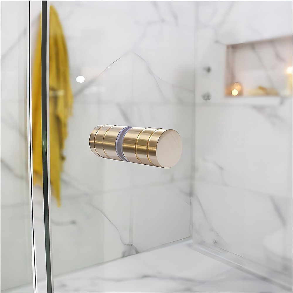 90x80cm Corner Frameless Shower Screen with Gold Wall & Floor U-Brackets and SS Hinges, Round Knob Handle