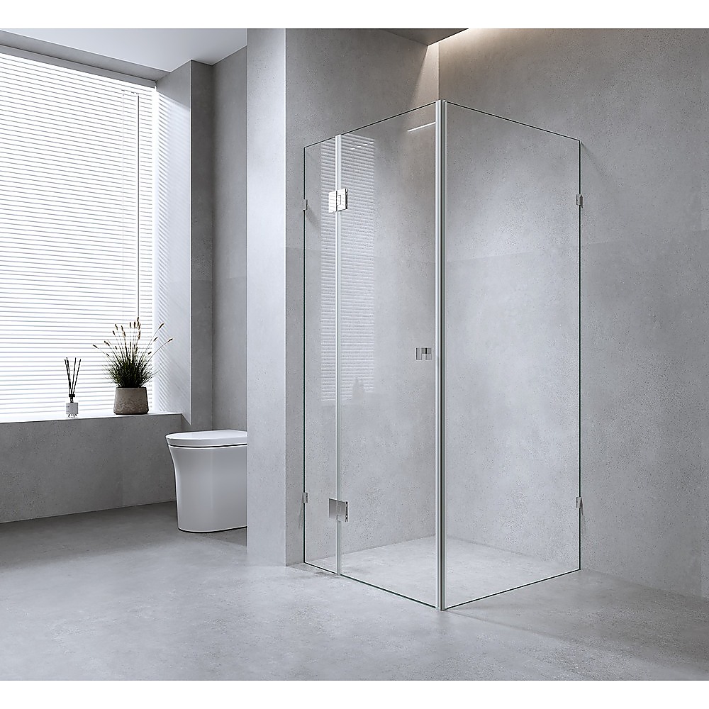 100x70cm Corner Frameless Shower Screen with Gold U-Brackets and Floor U-Bracket and Brass Hinges, Square Knob Handle