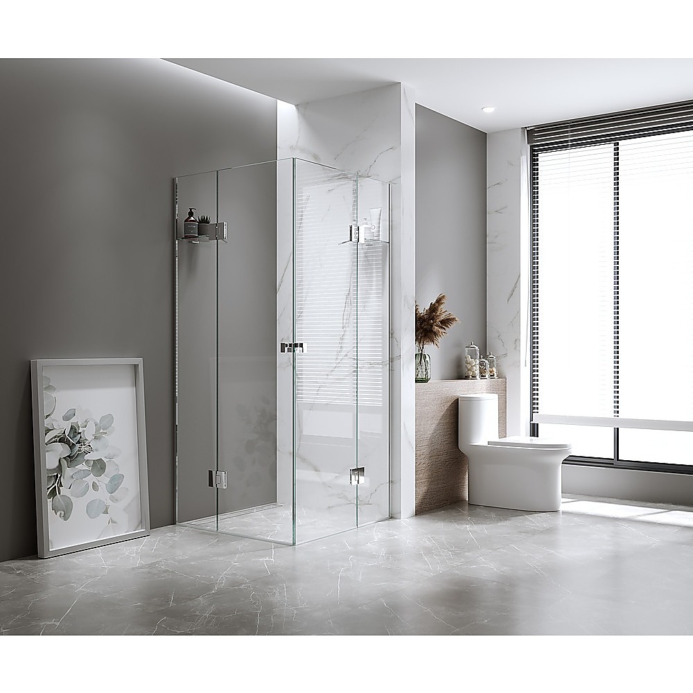 90x110cm Double Door Corner Shower Screen – Wall Channels with SS Hinges in Nickel, Square Double Pull Handle
