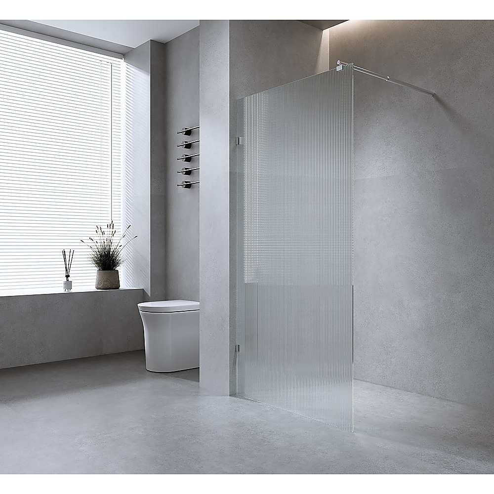 90cm Reeded Single Shower Glass Screen with Chrome F-brackets & Round Pole