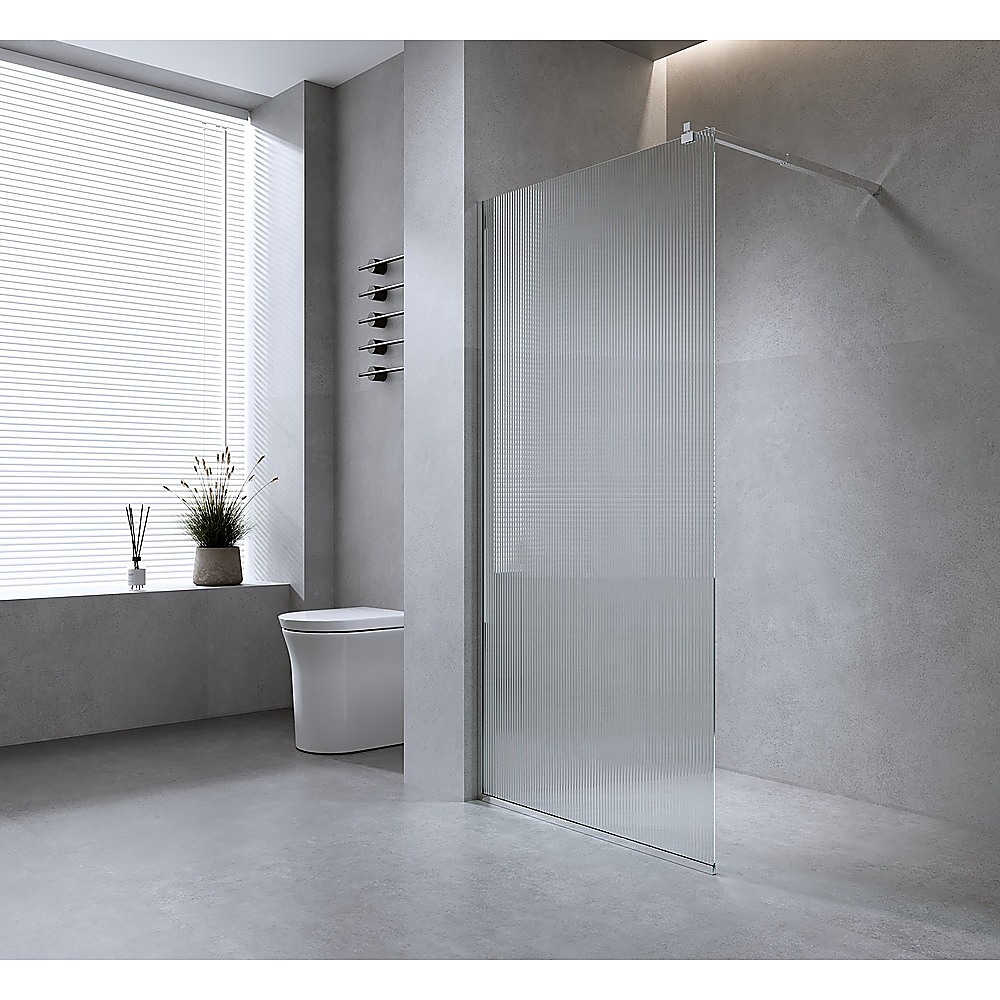 80cm Reeded Single Shower Glass Screen with Gunmetal Wall Channel & Square Pole