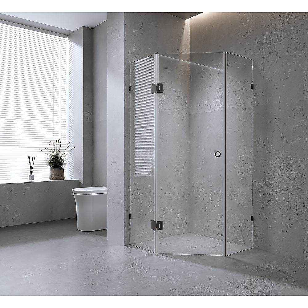 90cm Frameless Diamond Shower Screen with Nickel Brackets and Brass Hinges, Round Handle