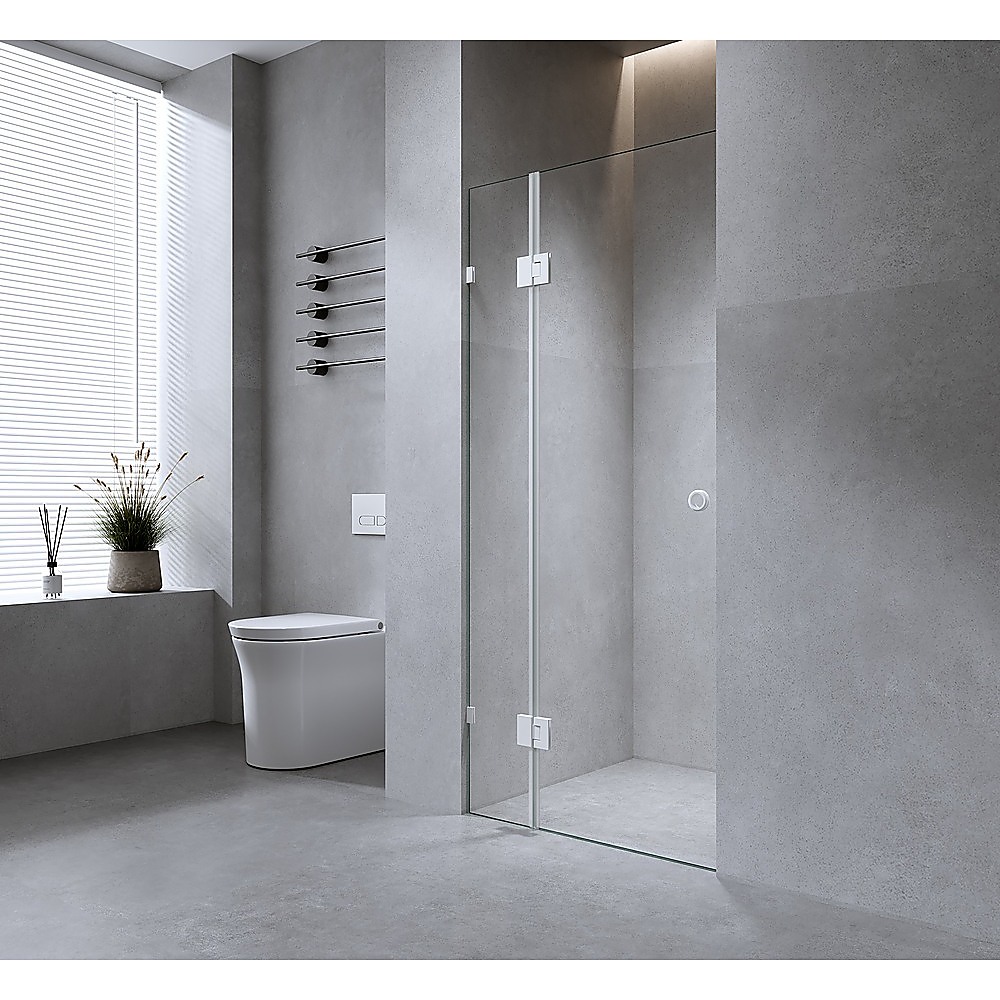 120cm Wall to Wall Frameless Shower Screen with Gold Brackets and SS Hinges, Round Handle