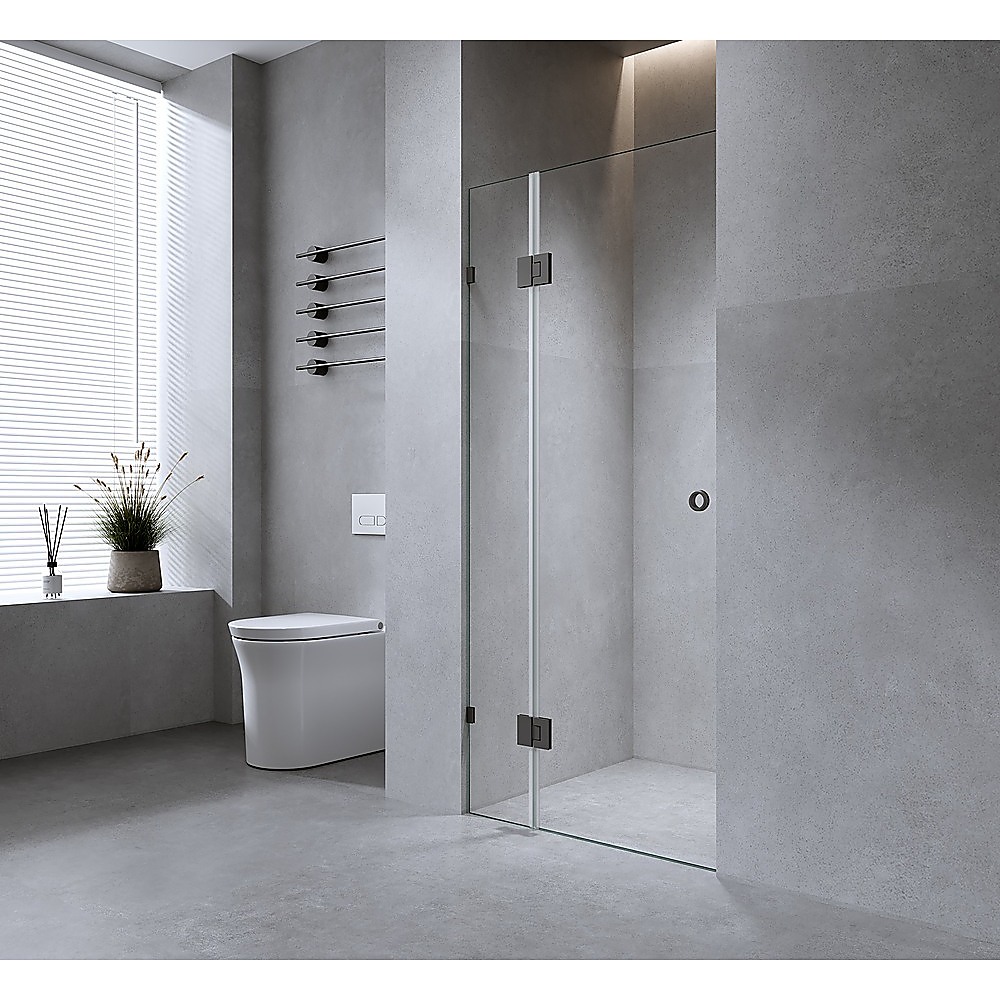 110cm Wall to Wall Frameless Shower Screen with Black Brackets and Brass Hinges - Wall U-Brackets