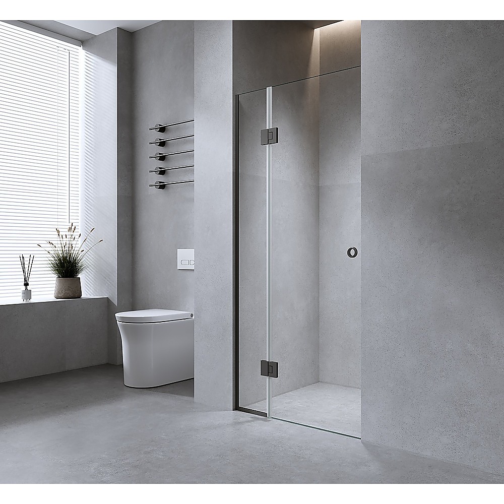 110cm Wall to Wall Frameless Shower Screen with Gold Channel and Brass Hinges , Round Handle