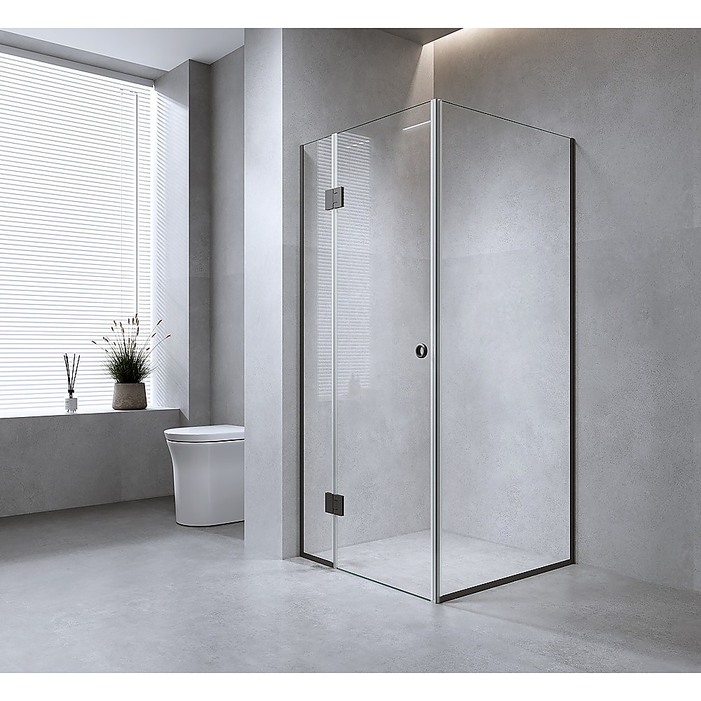 110x100cm Corner Frameless Shower Screen with Gold Channel and Brass Hinges, Round Handle