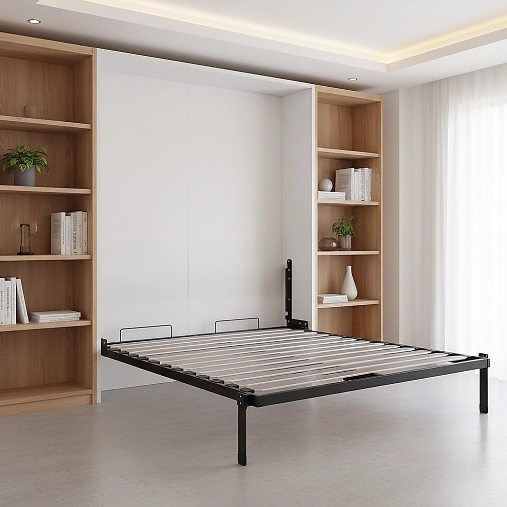 Double Wall Bed in White – Space Saving Murphy Bed Kit with Silver Door Handle