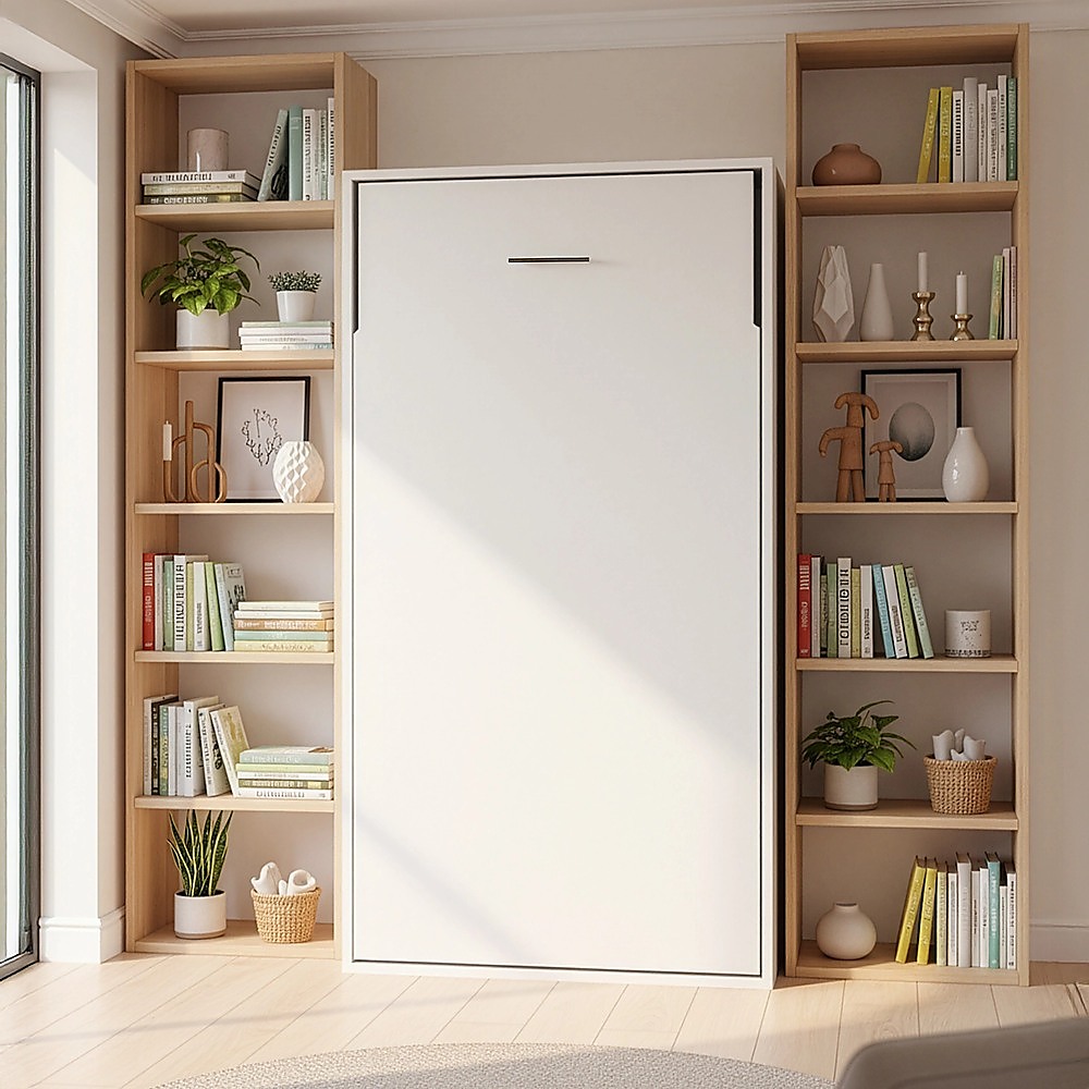 Single Wall Bed in White Gloss – Space Saving Murphy Bed Kit with Silver Door Handle