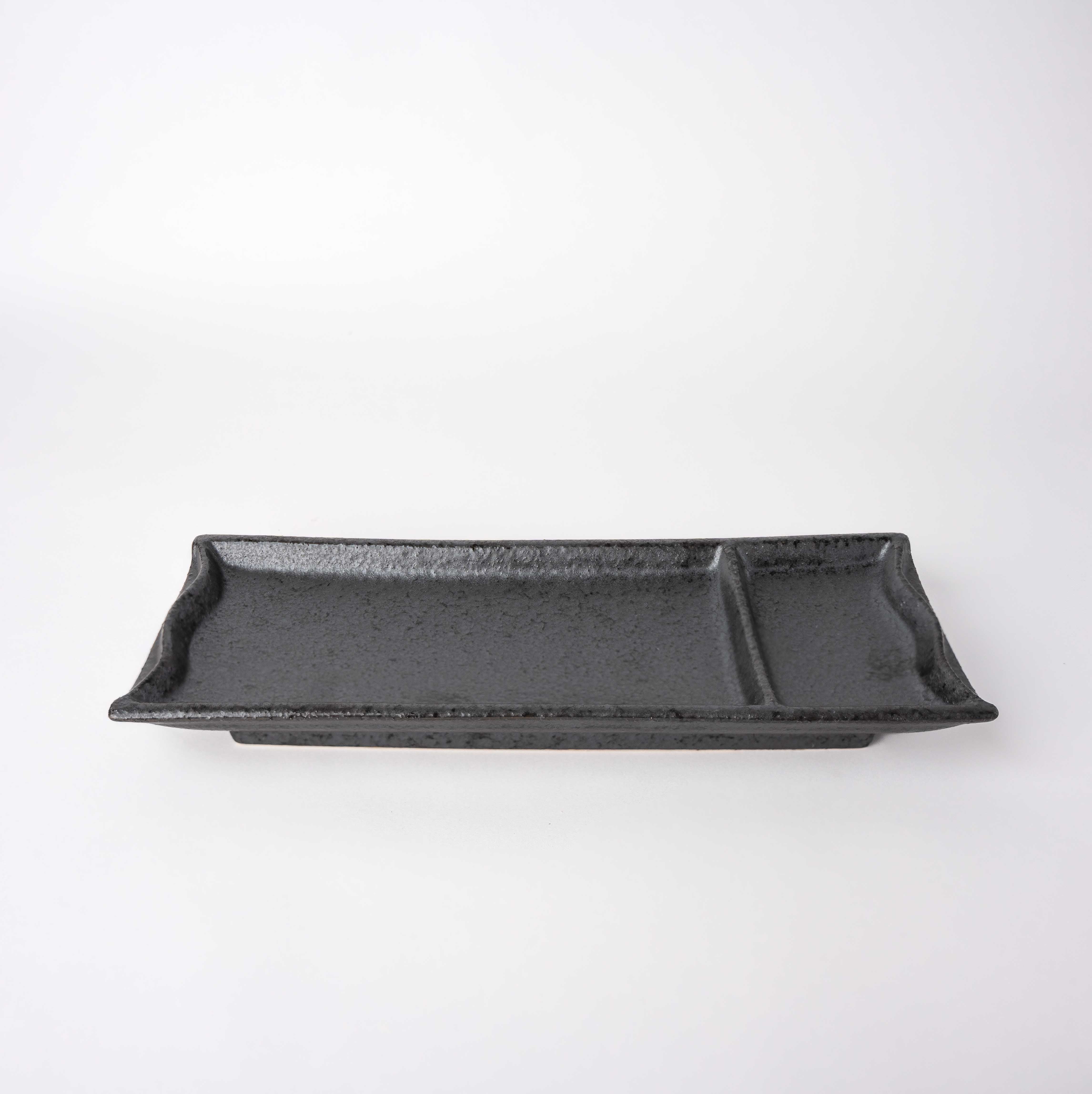 Sashimi Plate Inbuilt Sauce Dish 25cm Black Bamboo Glaze Sashimi Plate Inbuilt Sauce Dish 25cm Black Bamboo Glaze