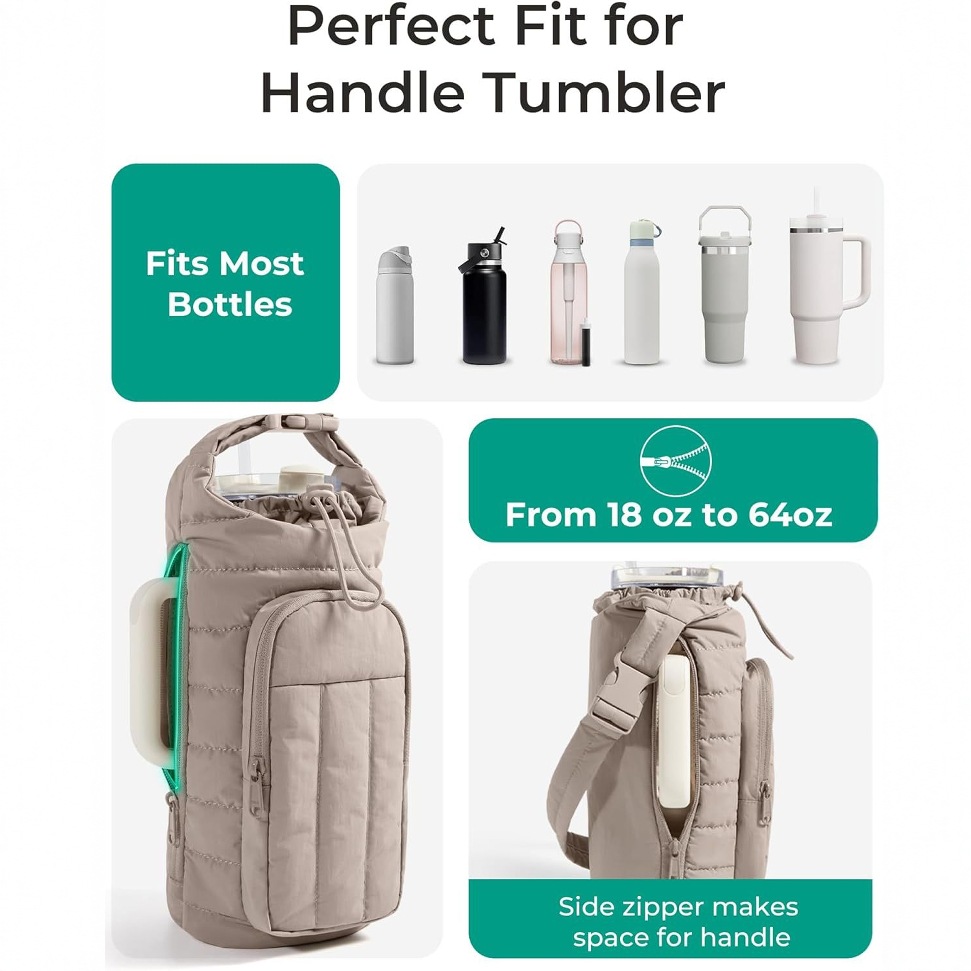 Black Quilted Water Bottle Carrier Bag With Large Phone Pocket - Insulated Tumbler Pouch... detail