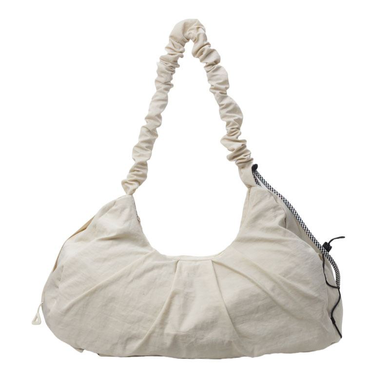 Beige Large Capacity Ruched Travel Duffel Bag - Stylish Yoga Mat Storage Shoulder Bag - Lightweight Gym Fitness Tote with Drawstring Detail for Weekend Getaways and Sports