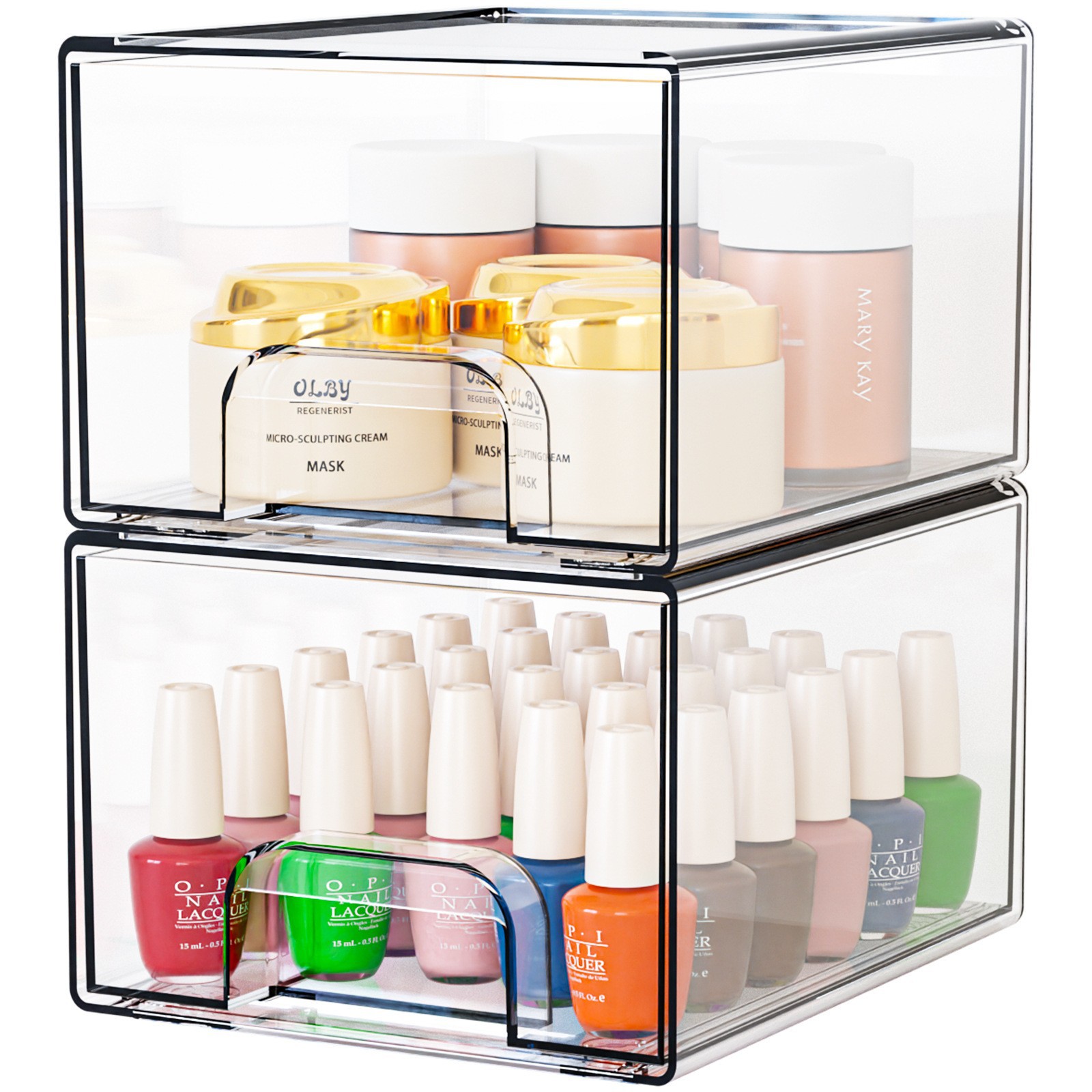 2-Pack Stackable PET Clear Makeup Organizer Drawers - Multi-Purpose Desktop Storage Case for Cosmetics