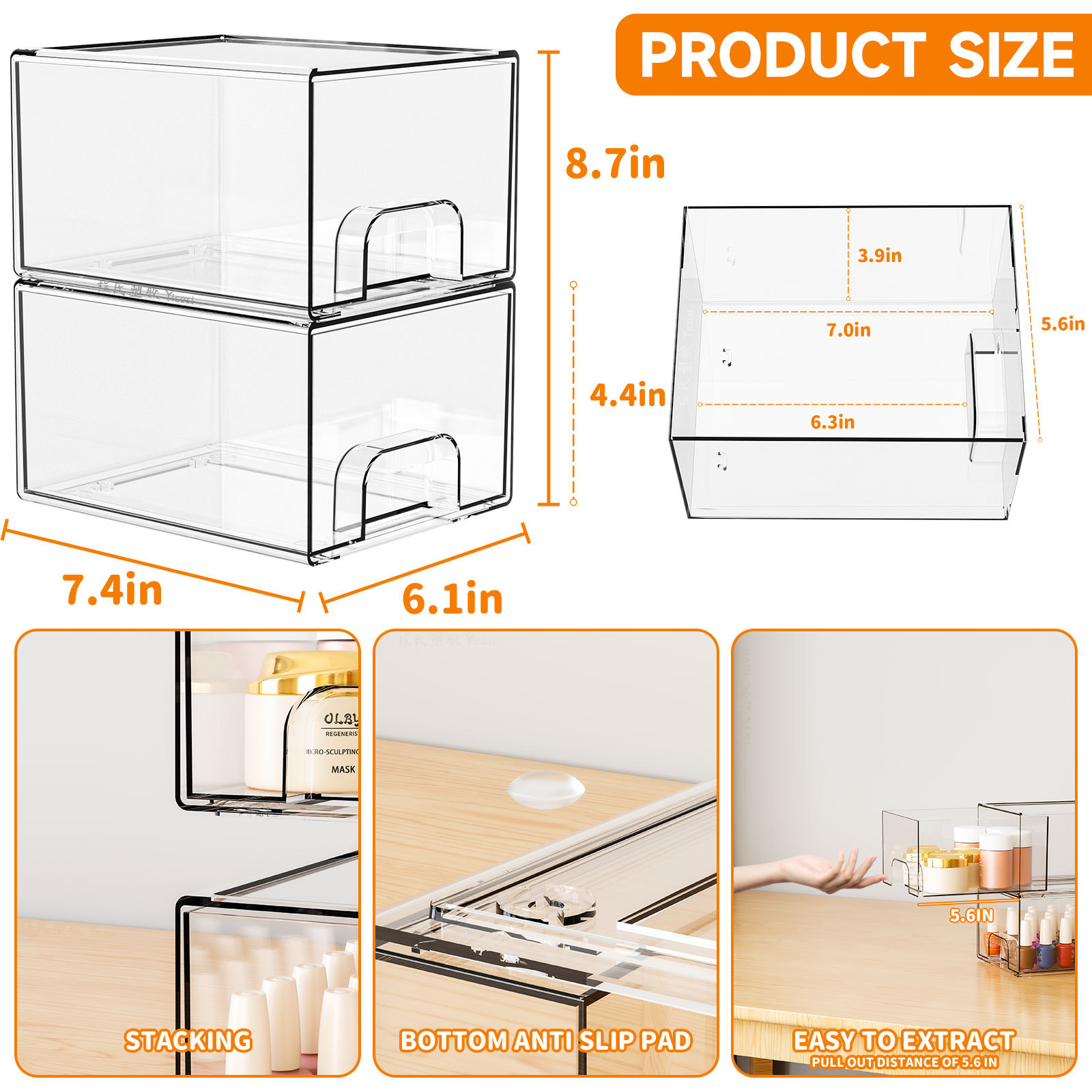 2-Pack Stackable PET Clear Makeup Organizer Drawers - Multi-Purpose Desktop Storage Case for Cosmetics