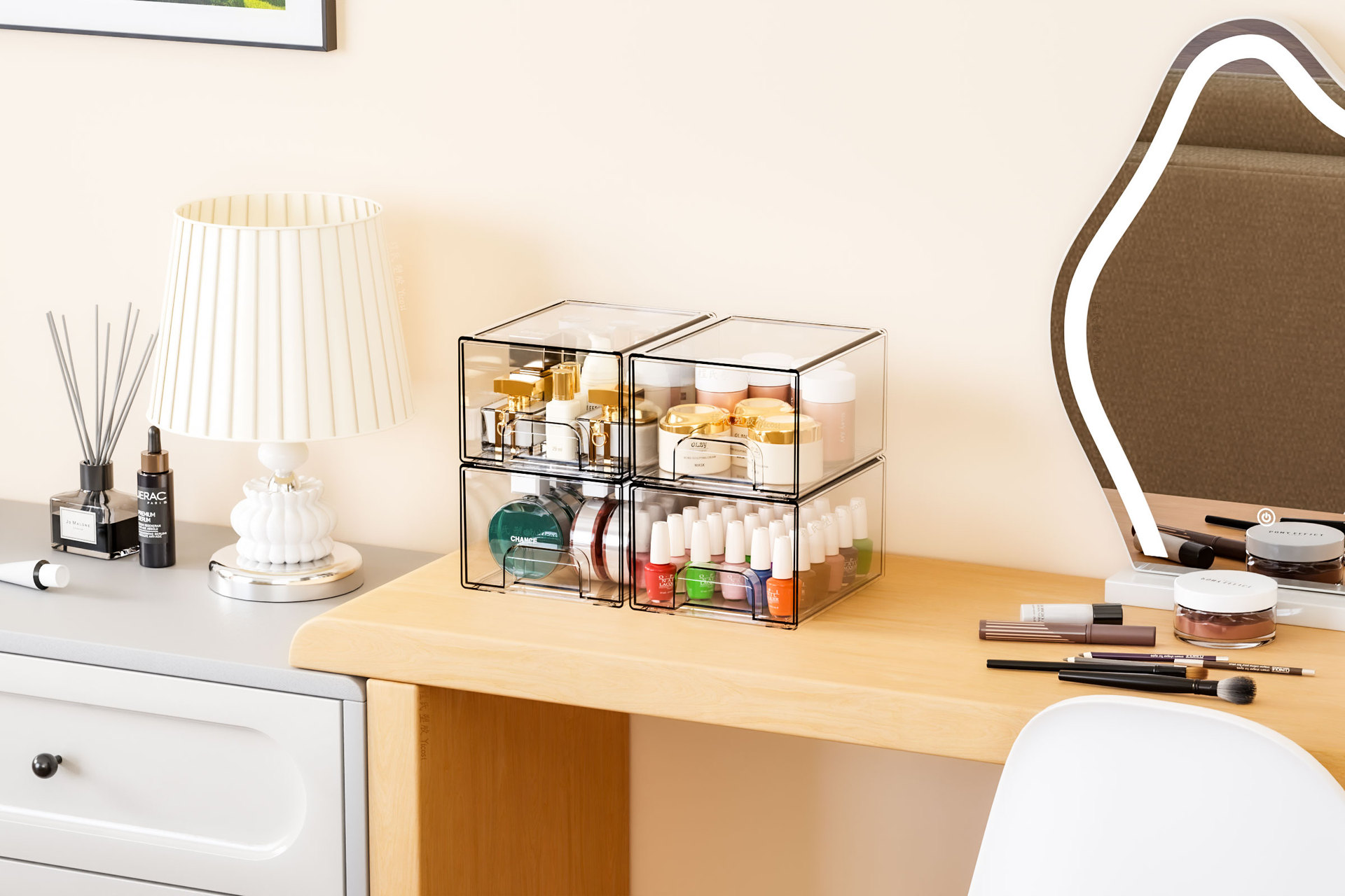 2-Pack Stackable PET Clear Makeup Organizer Drawers - Multi-Purpose Desktop Storage Case for Cosmetics