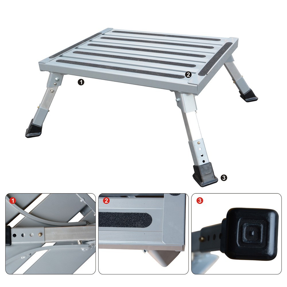 Heavy Duty Aluminum Folding Step Stool - Portable RV Platform and Work Bench with Non-Slip Surface - Collapsible Multi-Purpose Step for Camping