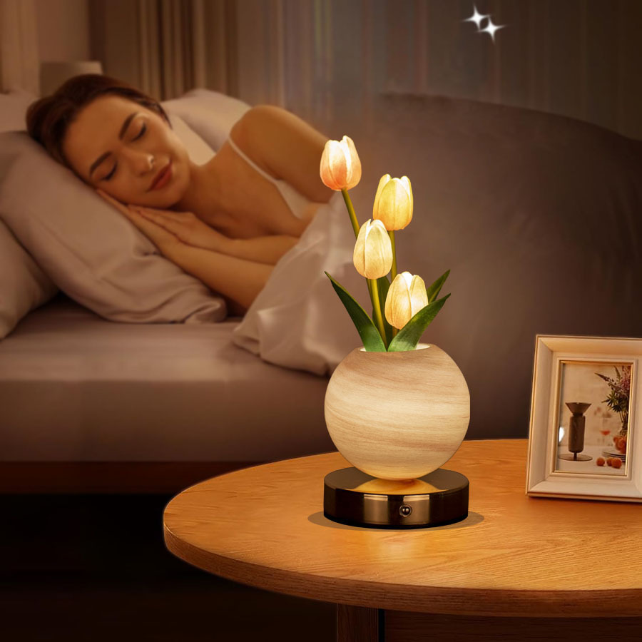 Pink Tulip Night Light with Realistic Bouquet - Dreamy Planet LED Mood Lamp for Bedroom Decor with 3-Color Touch Dimming