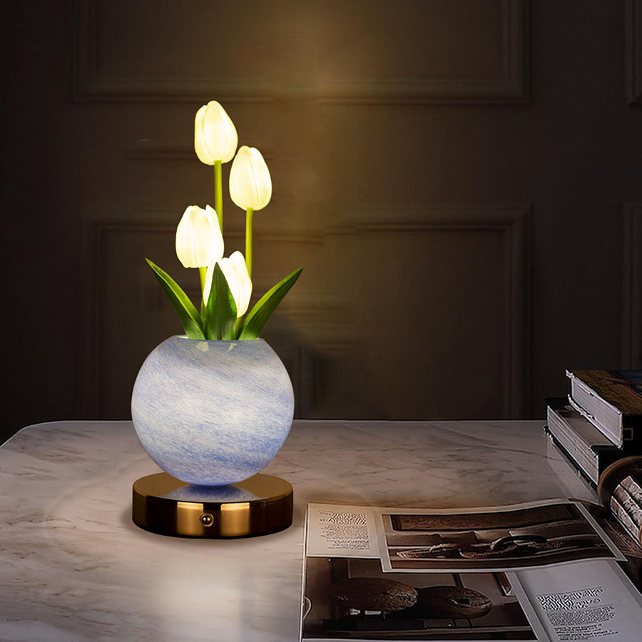 Pink Tulip Night Light with Realistic Bouquet - Dreamy Planet LED Mood Lamp for Bedroom Decor with 3-Color Touch Dimming