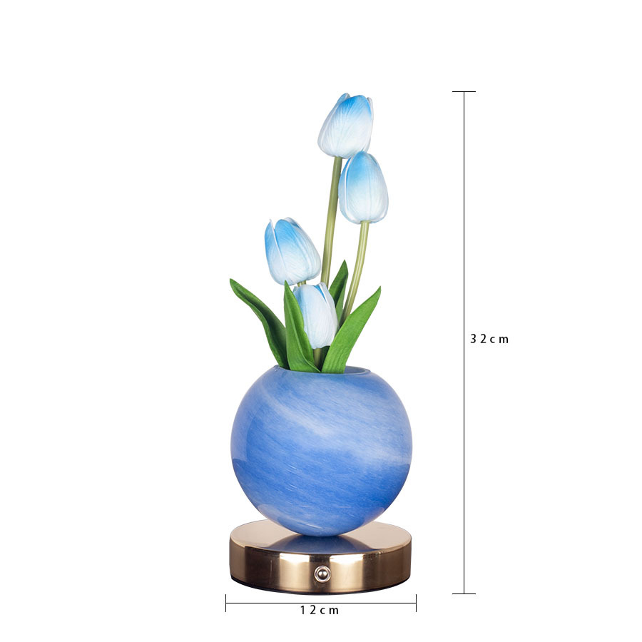 Blue Tulip Night Light with Realistic Bouquet - Dreamy Planet LED Mood Lamp for Bedroom Decor with 3-Color Touch Dimming