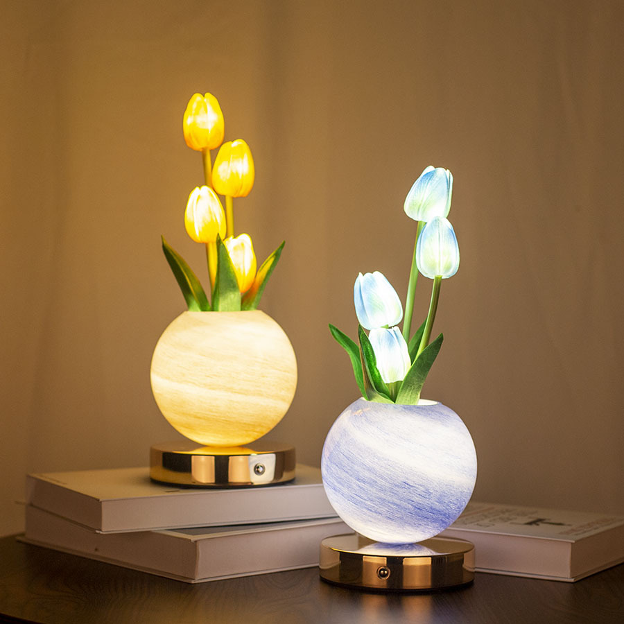 Yellow Tulip Night Light with Realistic Bouquet - Dreamy Planet LED Mood Lamp for Bedroom Decor with 3-Color Touch Dimming