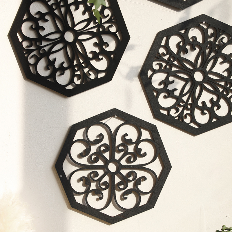 Black Set of 4 Intricate Wooden Octagonal Wall Art - European Style Mandala Decor Plaques
