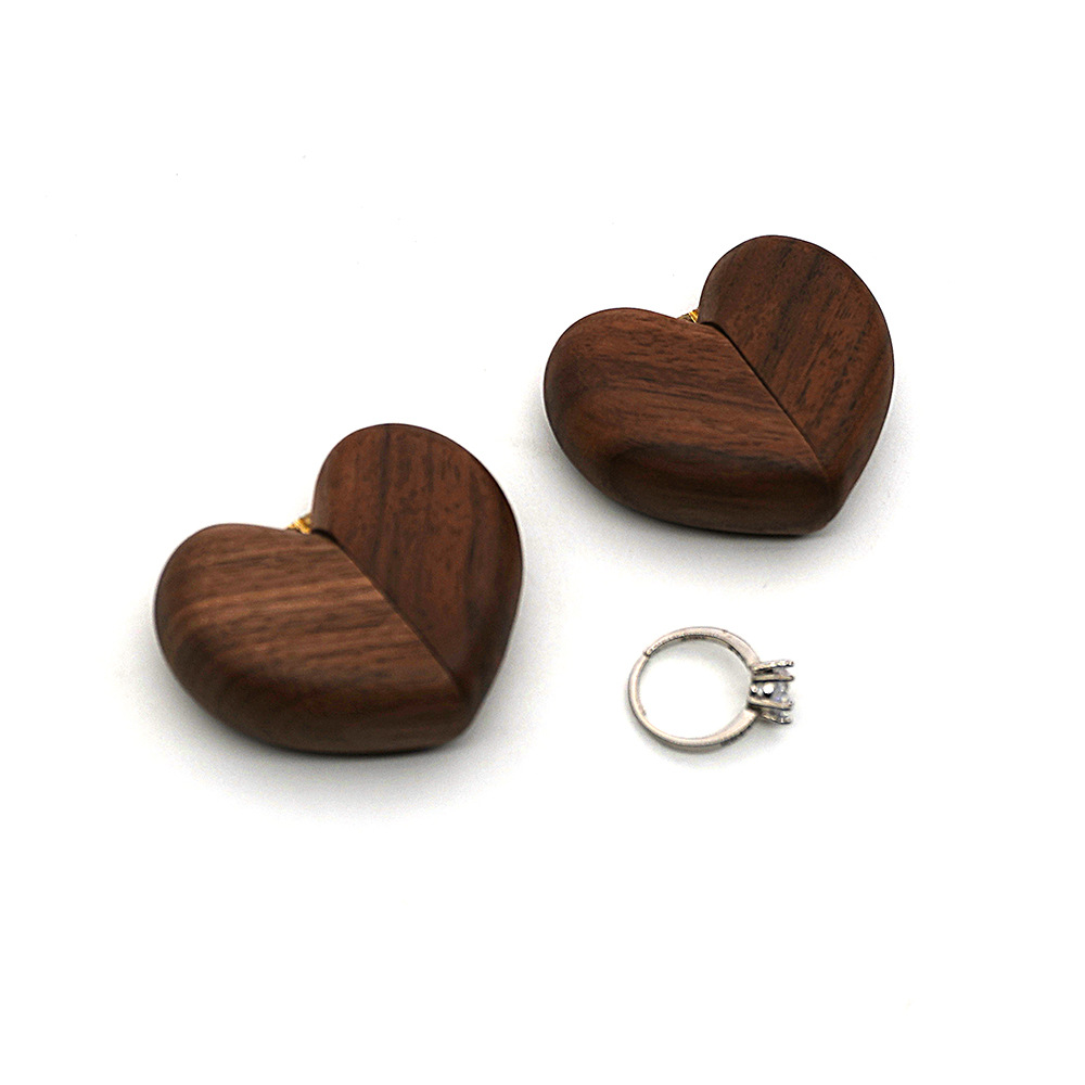 Brown Elegant Walnut Wood Heart Ring Box - Magnetic Closure for Proposal