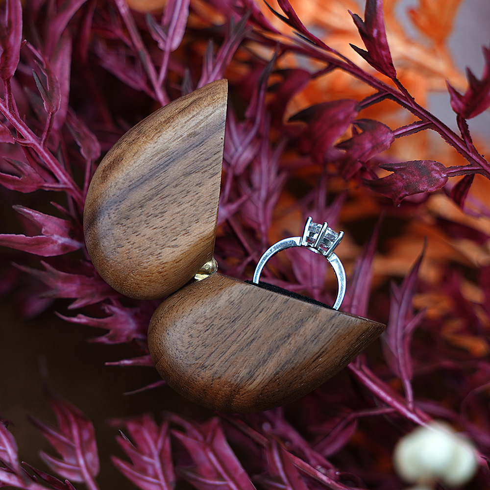 Brown Elegant Walnut Wood Heart Ring Box - Magnetic Closure for Proposal